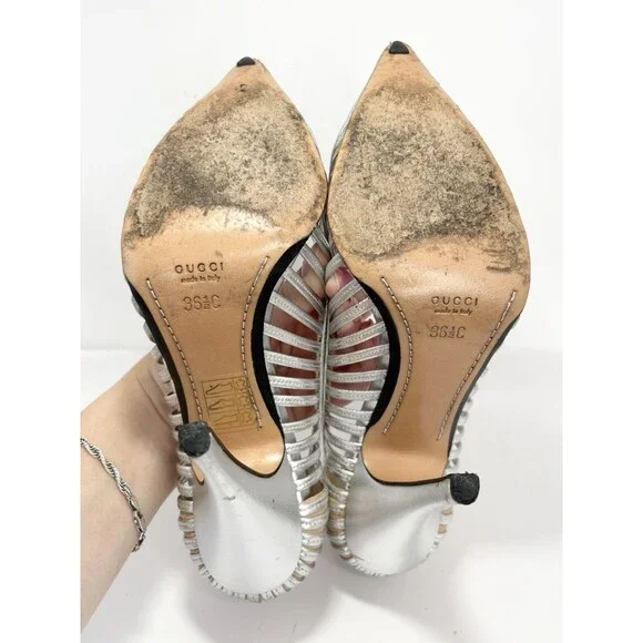 Gucci Silver Leather Heels Laser Cut Stripe Metallic Y2K Vintage Sz EU 36.5C 6.5 - Picture 9 of 10